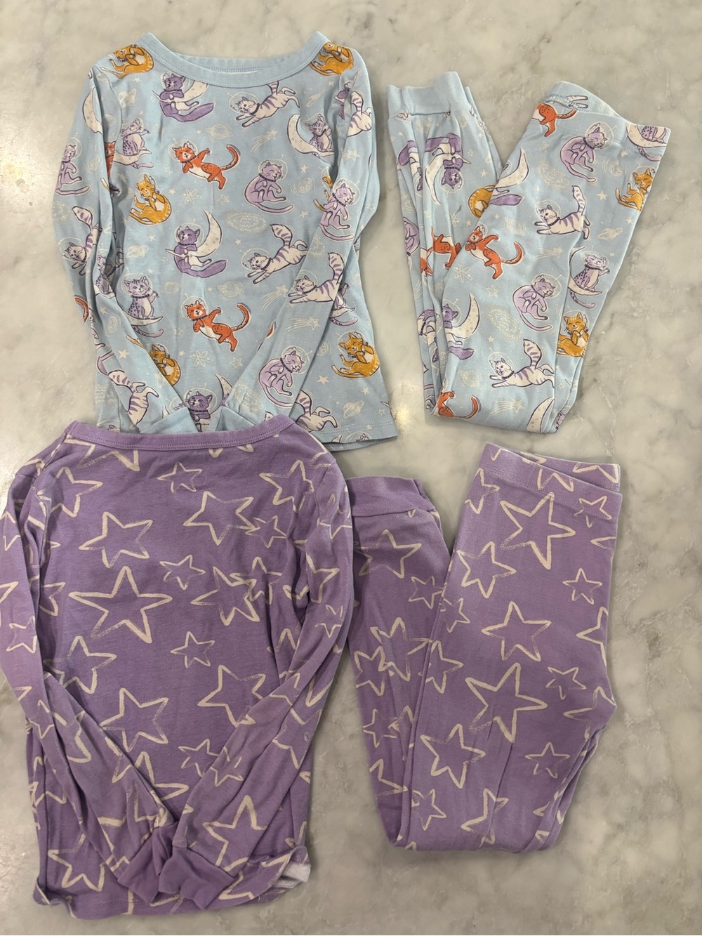 Kids Organic Cotton Two-Piece Pajama Sets - Light Blue Cat Print & Lavender Star